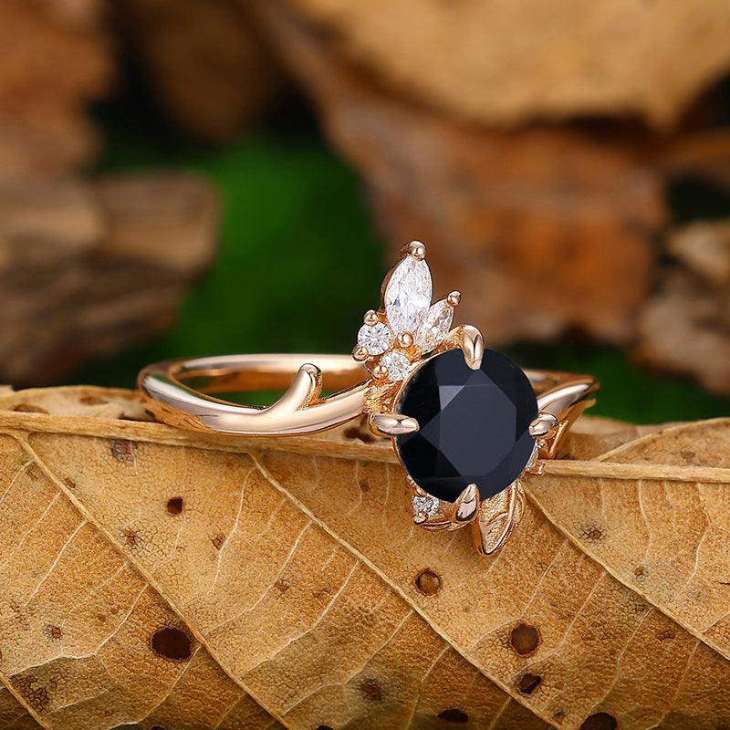 Vintage CT Round Cut Black Onyx Rose Gold Art Deco Leaf Ring