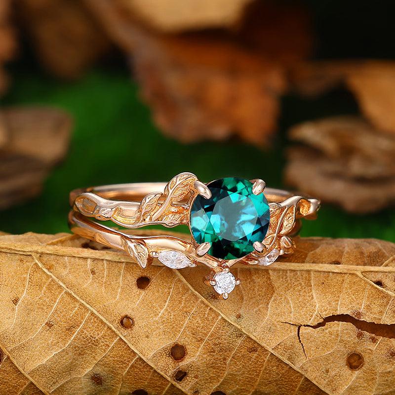 Vintage 1.25CT Round Cut Natural Leaf Emerald Ring Set 10k Rose Gold Art Deco Leaf Vines Band - Esdomera
