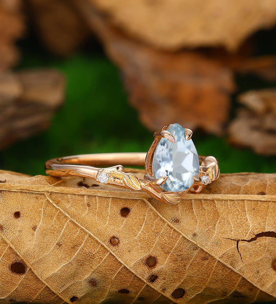 Vintage 1.35Carat Pear Shaped Aquamarine Engagement Ring 14k Soild Gold Leaf Stacking Ring - Esdomera