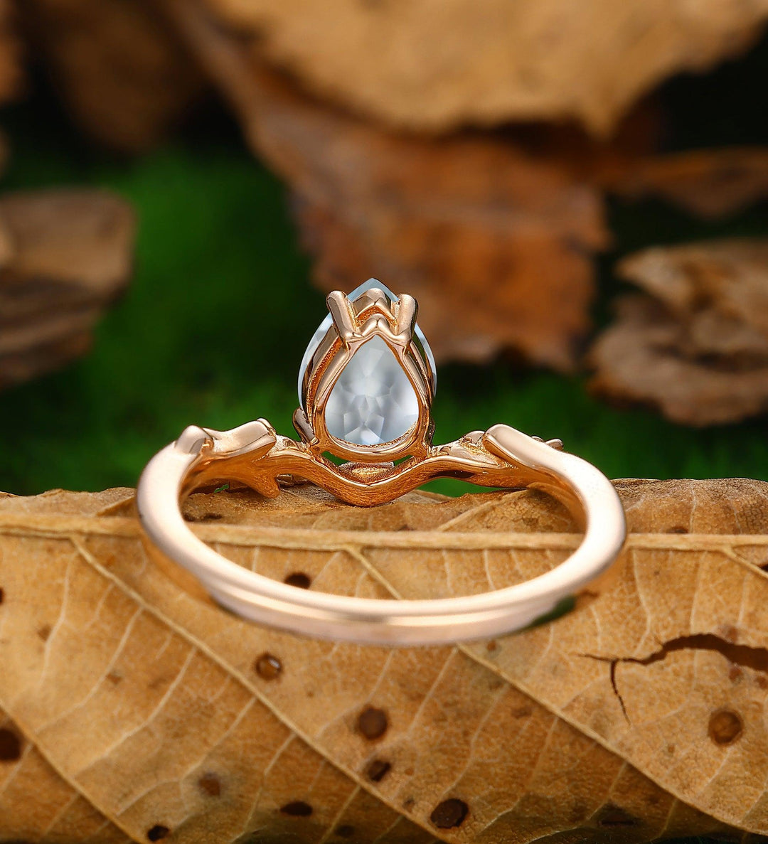Vintage 1.35Carat Pear Shaped Aquamarine Engagement Ring 14k Soild Gold Leaf Stacking Ring - Esdomera