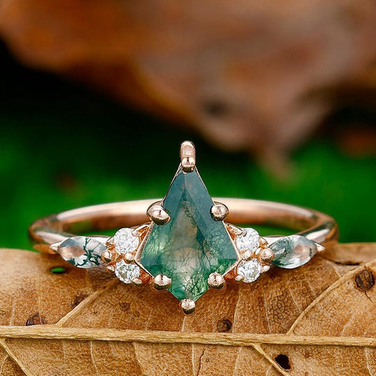 Vintage 1.35CT Kite Cut Moss Agate Engagement Ring Anniversary Bridal Ring Gift - Esdomera