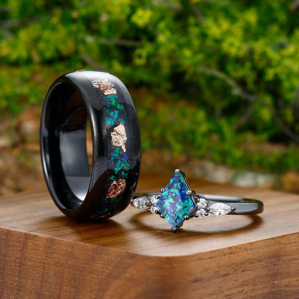 Vintage 1.3CT Kite Cut Peacock Green Opal Engagement Couples Ring Set His And Hers Wedding Band - Esdomera