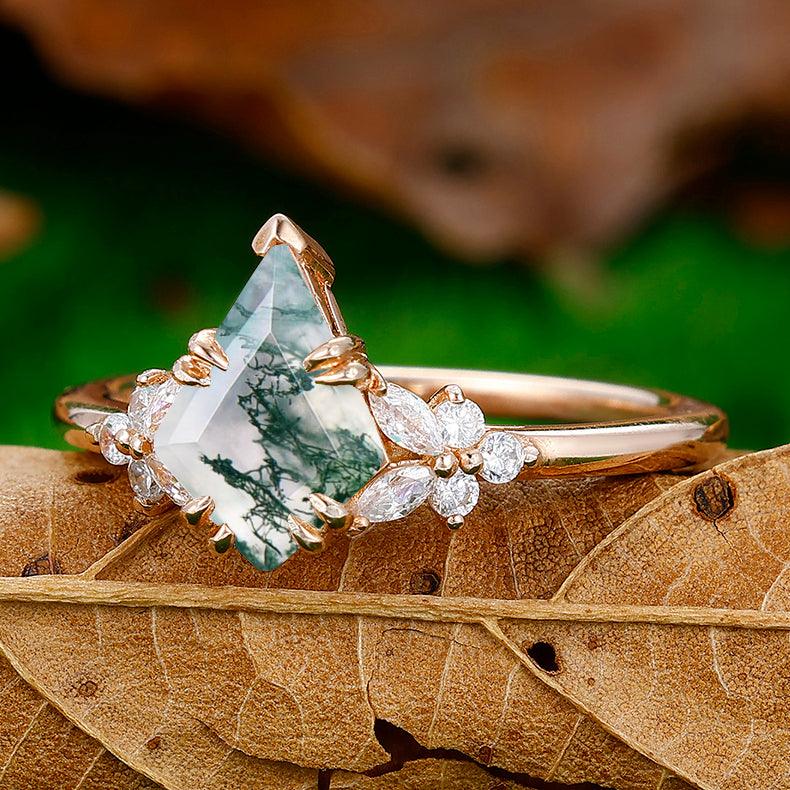 Vintage 1.8CT Kite Cut Natural Moss Agate Engagement Ring Women Fine Ring - Esdomera