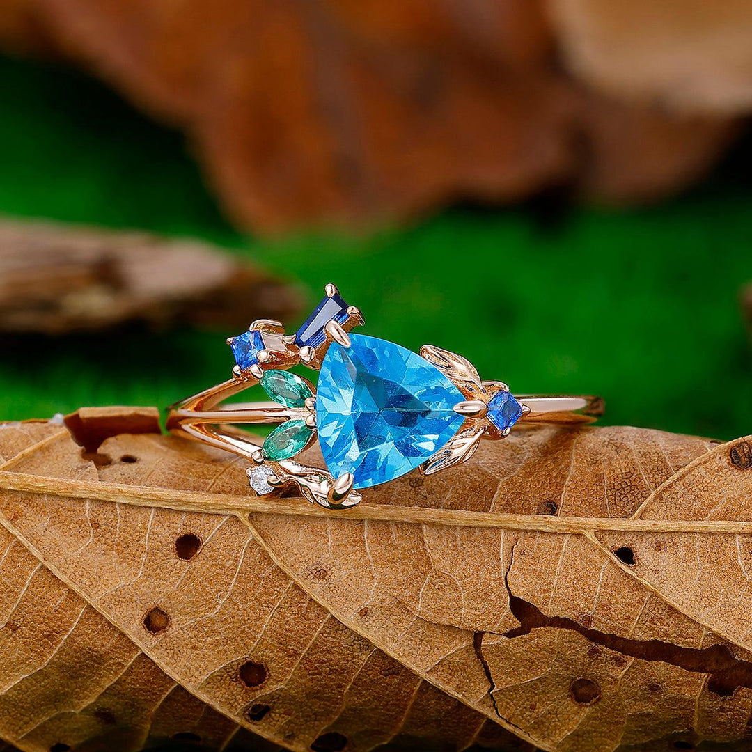 Vintage 1 ct Leaf Branch Fat Triangle Swiss Blue Topaz 14k Solid Gold Promise Ring - Esdomera