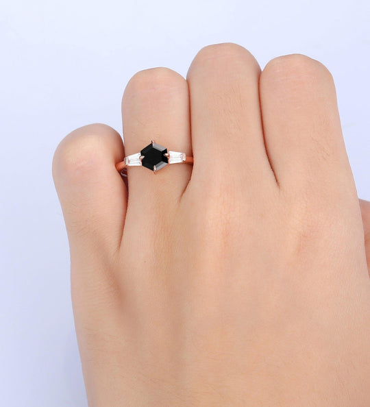 Vintage 14k Rose Gold Natural Black Onyx 3 Stones Engagement Ring - Esdomera