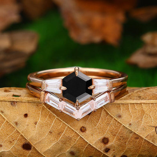 Vintage 14k Rose Gold Natural Black Onyx 3 Stones Engagement Ring Set - Esdomera