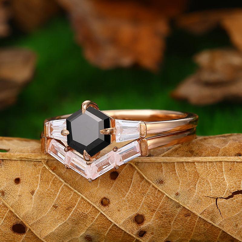 Vintage 14k Rose Gold Natural Black Onyx 3 Stones Engagement Ring Set - Esdomera