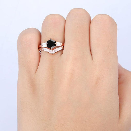 Vintage 14k Rose Gold Natural Black Onyx 3 Stones Engagement Ring Set - Esdomera