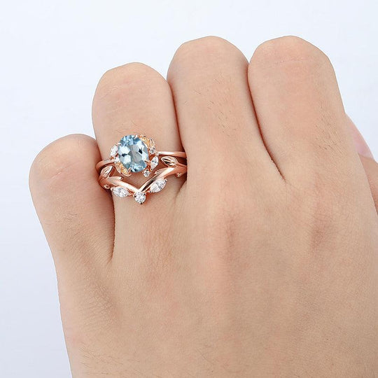 vintage 14k Solid Rose Gold Aqumarine Leaf V Shaped Engagement Ring Set - Esdomera