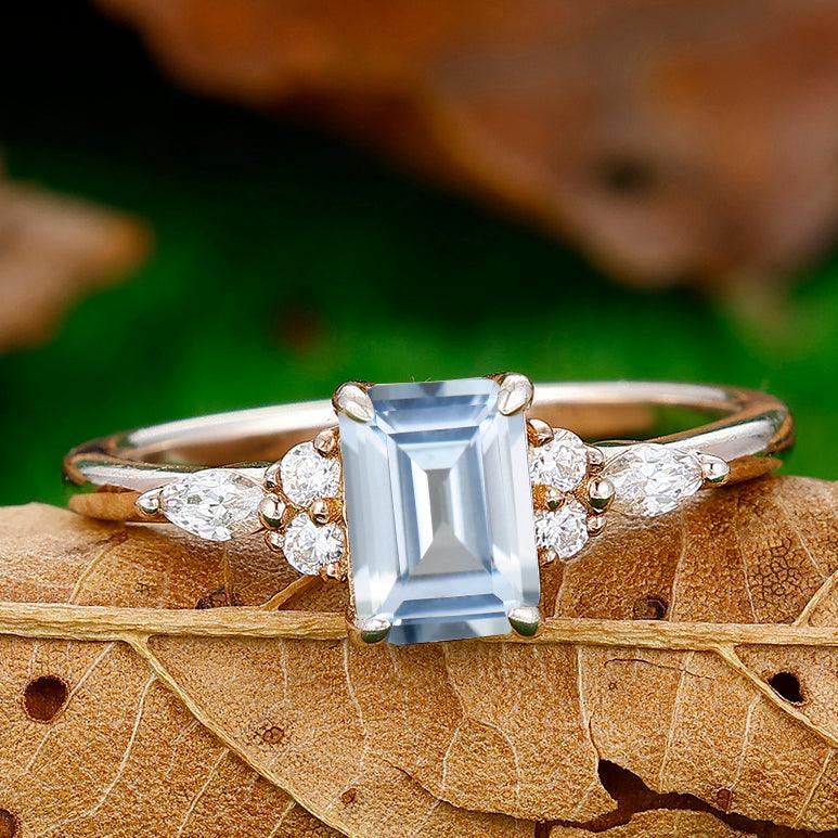 Vintage 1CT Emerald Cut Aquamarine Engagement Bridal Ring - Esdomera