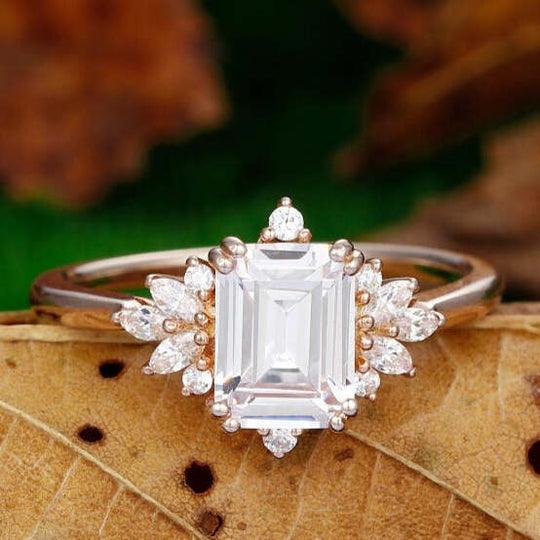 Vintage 2.00 Carat Emerald Cut Side Stone Moissanite Engagement Ring In 925 Sterling Silver