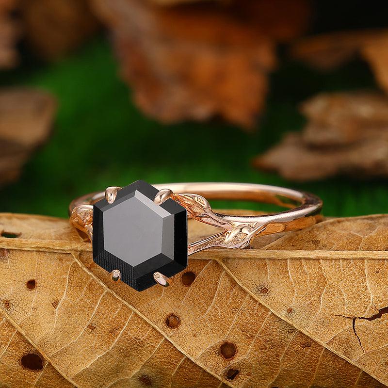 Vintage 2.2 CT Hexagon Cut Natural Black Onyx leaf Curved Solitaire Ring - Esdomera