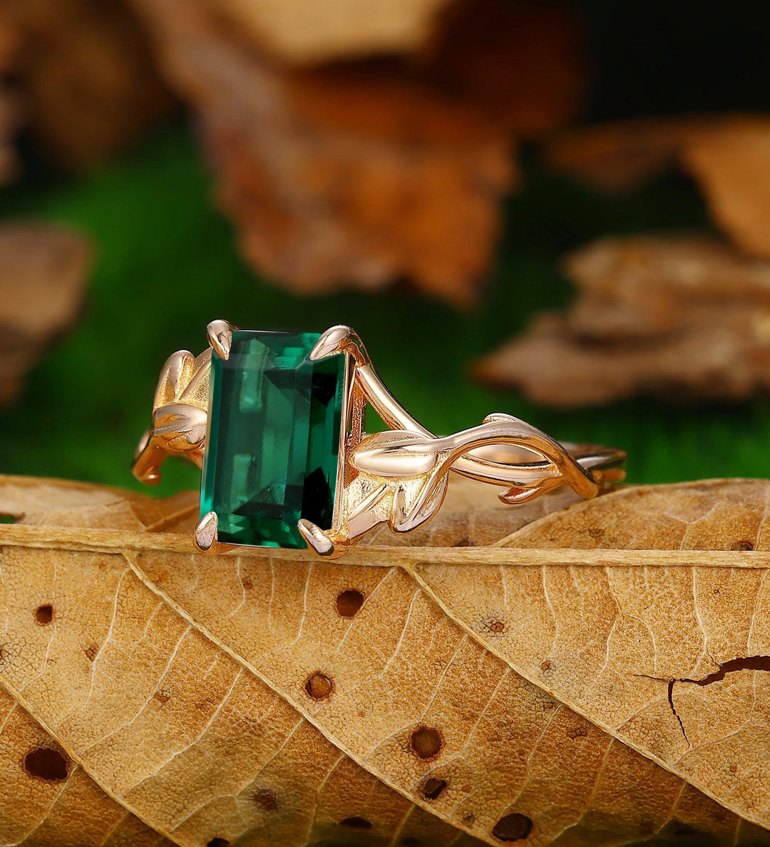 Vintage 2.5 carat Emerald Cut Emerald Engagement RIng Unique Promise Ring 14k Soild Gold - Esdomera
