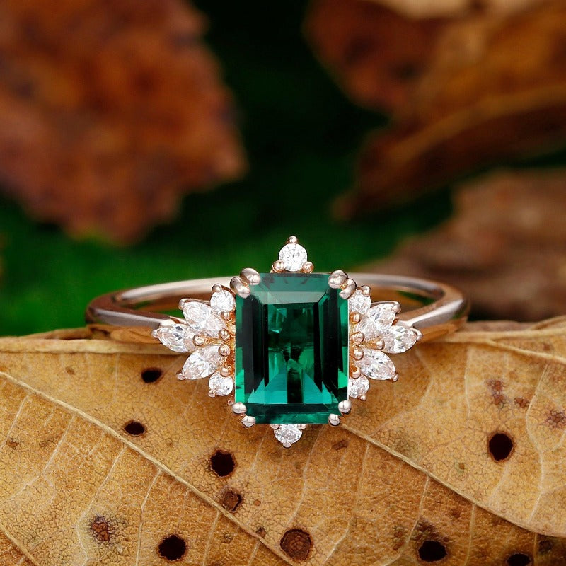 Vintage 2CT Emerald Cut lab created Green Emerald Moissanite Wedding Ring - Esdomera