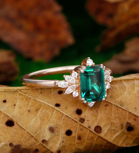 Vintage 2CT Emerald Cut lab created Green Emerald Moissanite Wedding Ring - Esdomera