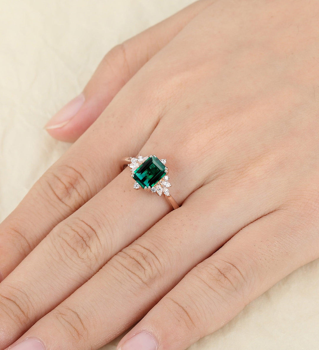 Vintage 2CT Emerald Cut lab created Green Emerald Moissanite Wedding Ring - Esdomera