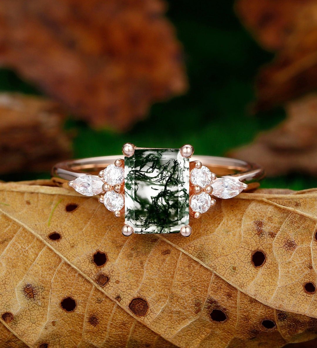 Vintage 2CT Emerald Cut Natural Moss Agate Dainty Cluster Moissanite Wedding Ring - Esdomera