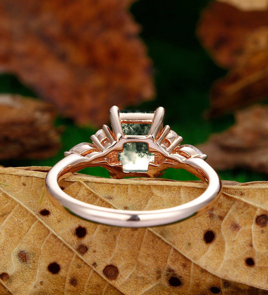 Vintage 2CT Emerald Cut Natural Moss Agate Dainty Cluster Moissanite Wedding Ring - Esdomera