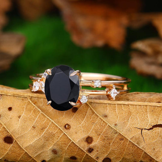 Vintage 2CT Oval Shaped Split Shank Natural Black Onyx Rose Gold Engagement Ring - Esdomera