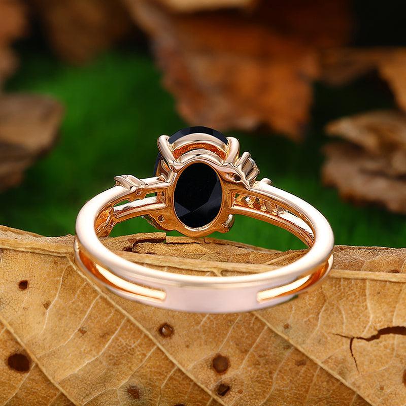 Vintage 2CT Oval Shaped Split Shank Natural Black Onyx Rose Gold Engagement Ring - Esdomera