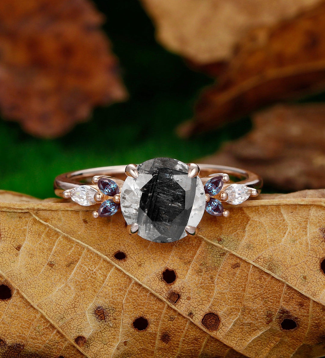 Vintage 2CT Round Shaped Herkimer Diamond 14k Rose Gold Alexandrite Wedding Ring - Esdomera