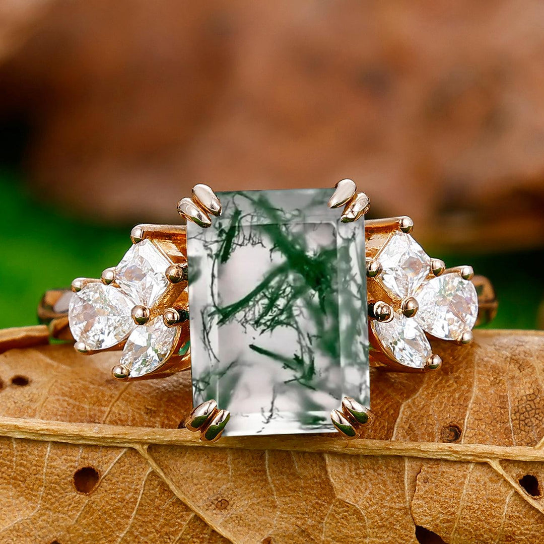 Vintage 3.5CT Emerald Cut Moss Agate Ring Prong Setting Moissanite Inlay Women Ring - Esdomera