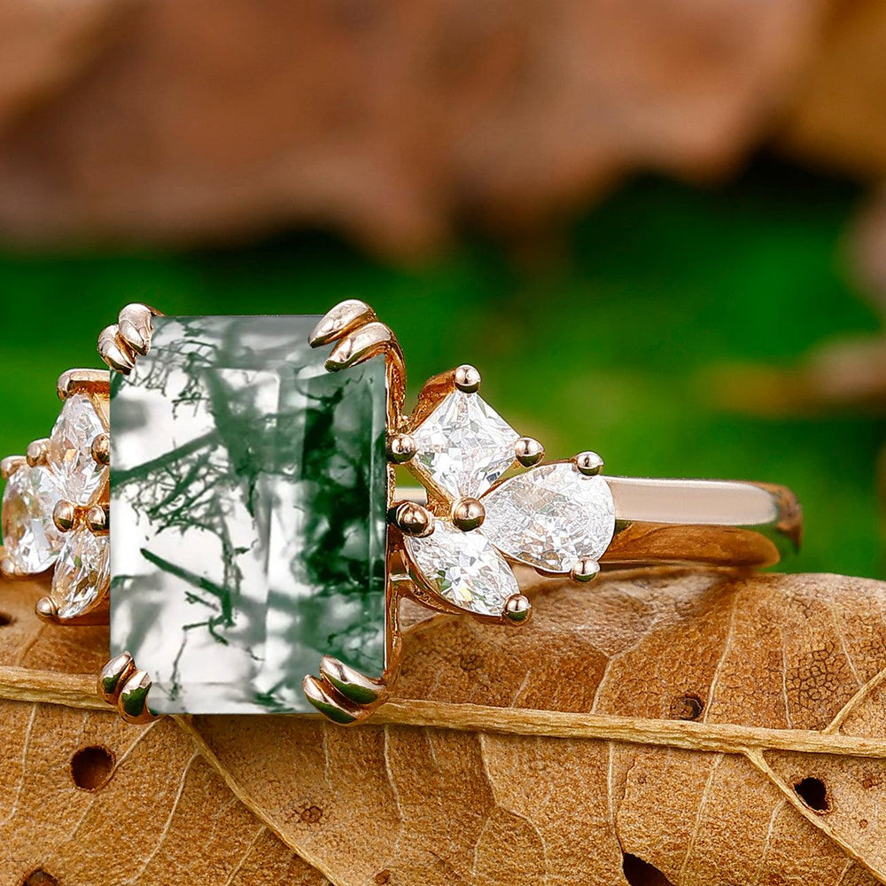 Vintage 3.5CT Emerald Cut Moss Agate Ring Prong Setting Moissanite Inlay Women Ring - Esdomera