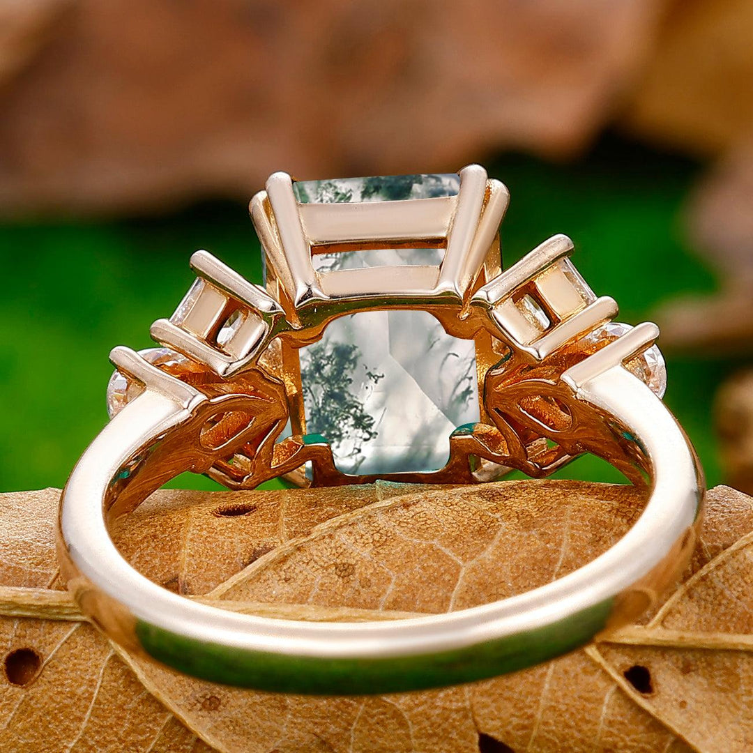 Vintage 3.5CT Emerald Cut Moss Agate Ring Prong Setting Moissanite Inlay Women Ring - Esdomera