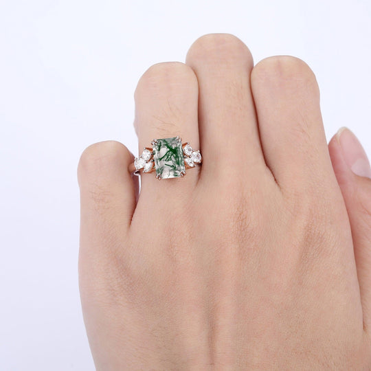 Vintage 3.5CT Emerald Cut Moss Agate Ring Prong Setting Moissanite Inlay Women Ring - Esdomera