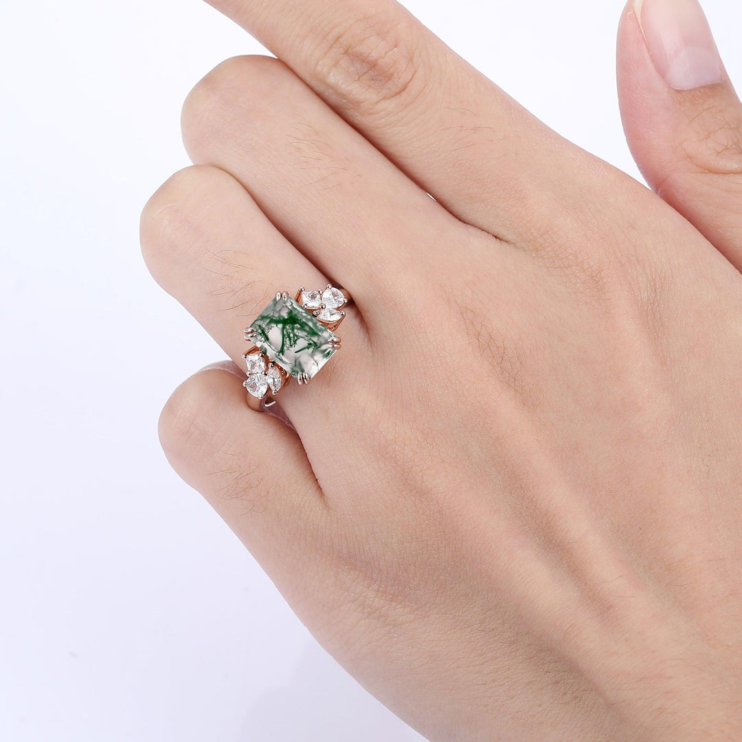 Vintage 3.5CT Emerald Cut Moss Agate Ring Prong Setting Moissanite Inlay Women Ring - Esdomera