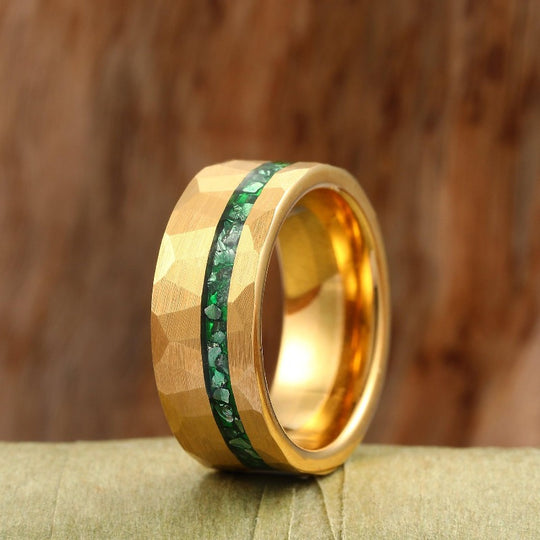 Vintage 8mm Emerald Tungsten Hammered- Brushed Flat Comfort Fit Gift for Him and Hers Yellow Gold Kite cut Couples Ring Set - Esdomera