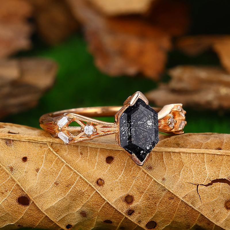 Antique online Black Rutile Engagement Ring, Art Deco Black Rutilated Quartz Ring,Vintage Rutile Wedding Ring,925 Silver Rutile Bridal Promise Ring