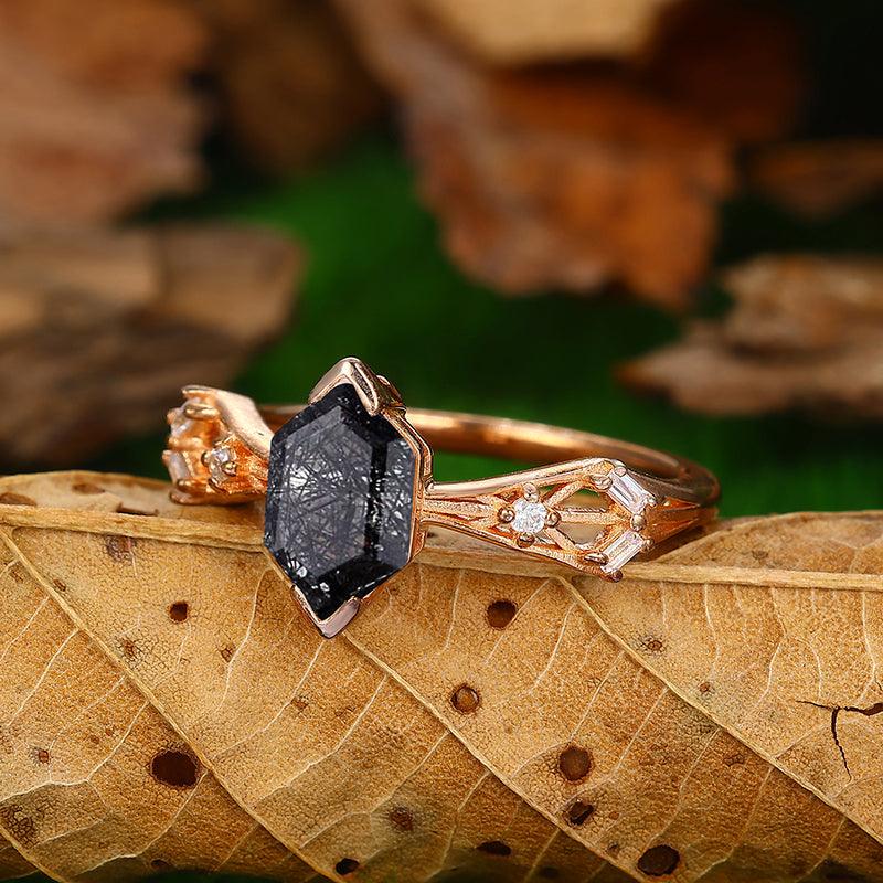 Black Rutile Quartz Engagement Ring, Art Deco shops Diamond Wedding Ring, Women's Anniversary Gift, Yellow Gold Plated Bridesmaid Jewelry