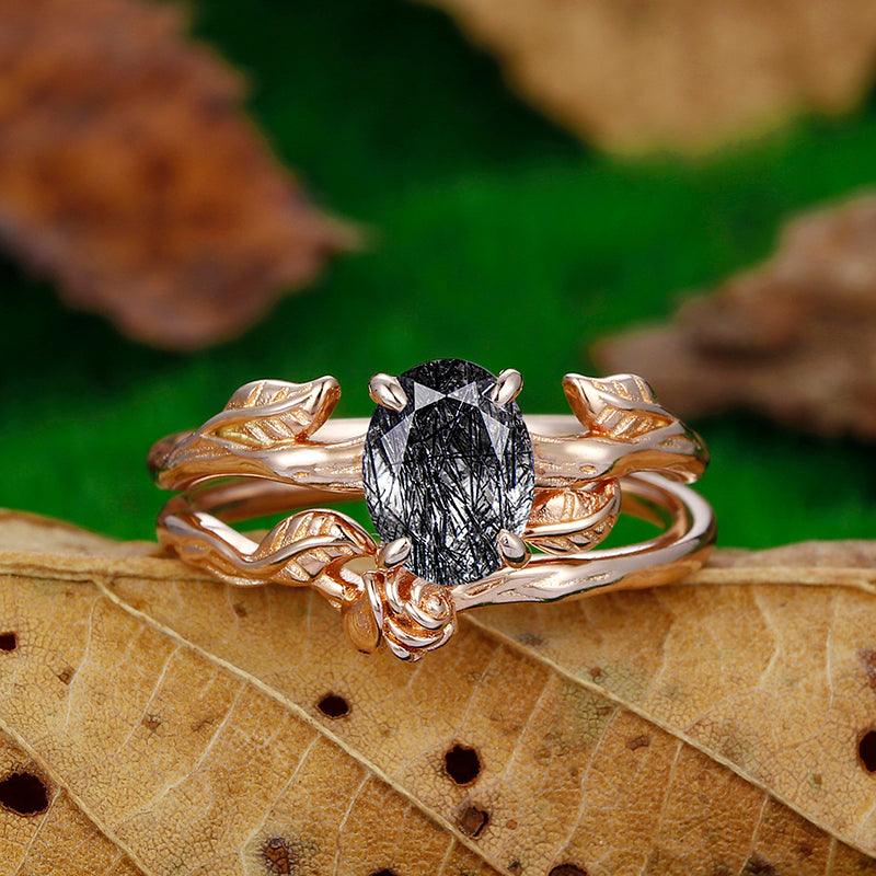 Vintage 925 Silver Natural Black Rutilated Quartz Art Deco Leaf Cluster Ring - Esdomera