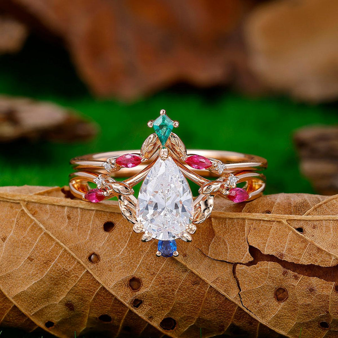 Vintage Art Deco Leaf Twist Pear Moissanite Engagement Ring Set Marquise Ruby Diamond - Esdomera