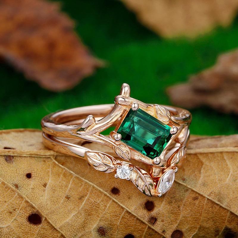 Vintage Bezel Set Emerald Cut Natural Leaf Vines Emerald Ring Set Leaf Design Band - Esdomera