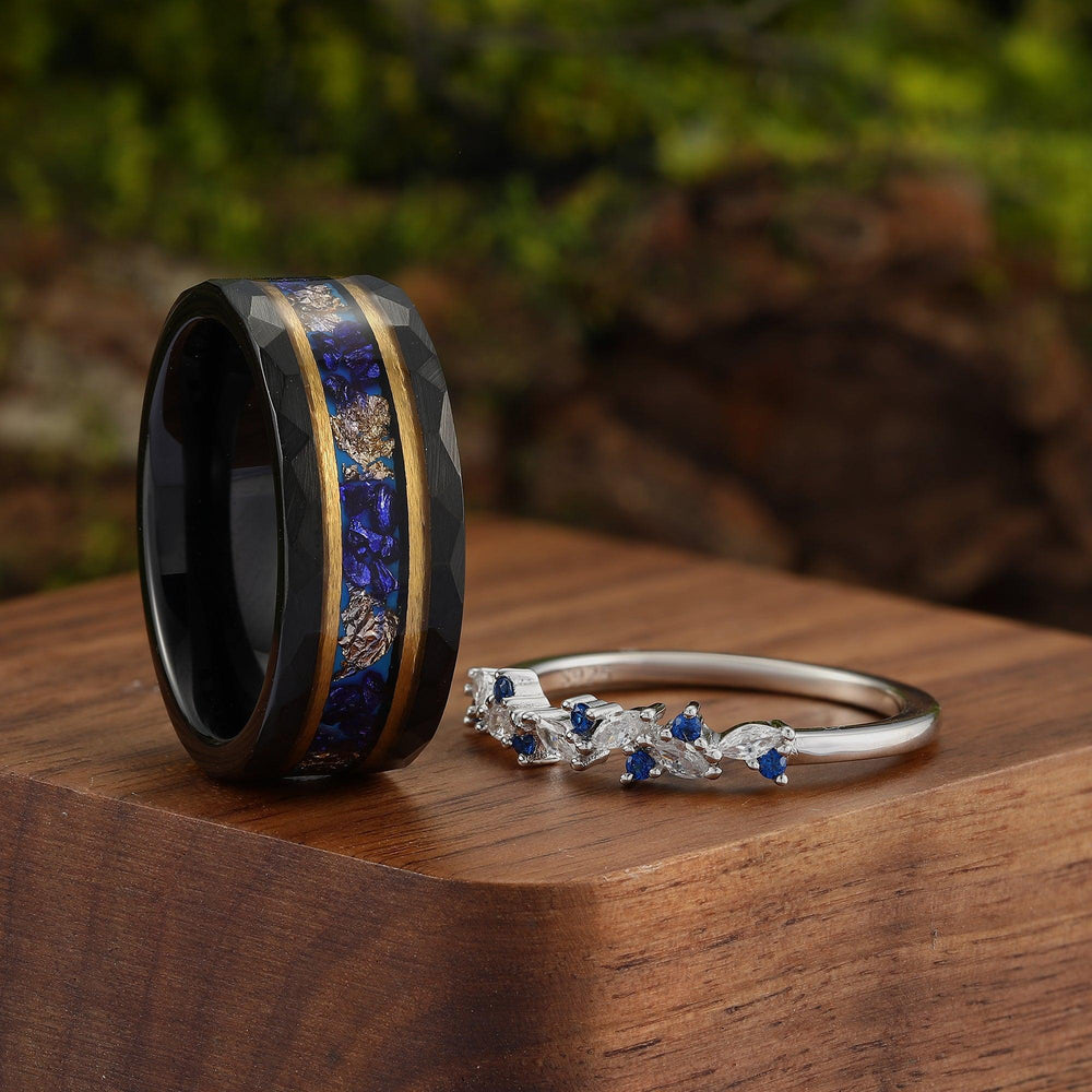 Vintage Blue Sapphire Gold Moon Leaf & Black Tungsten Couples Ring Set - Esdomera