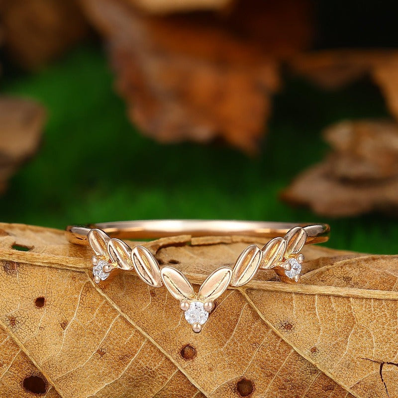 Vintage Curved Moissanite Wedding Band 14k Rose Gold Art Deco Stacking Wedding Ring Band - Esdomera