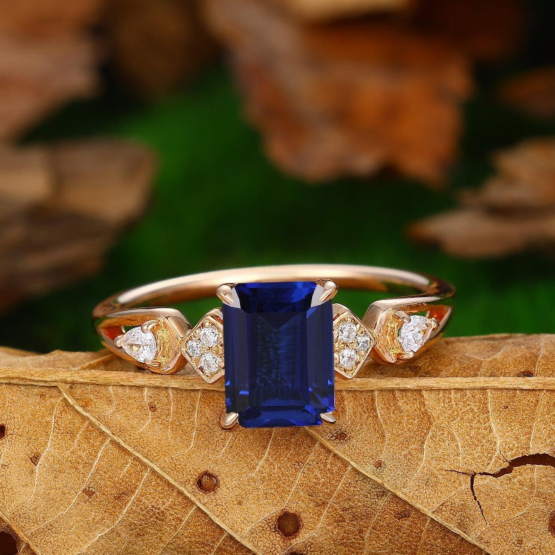 vintage emerald cut blue sapphire engagement ring 14k rose gold stacking sapphire bridal ring - Esdomera