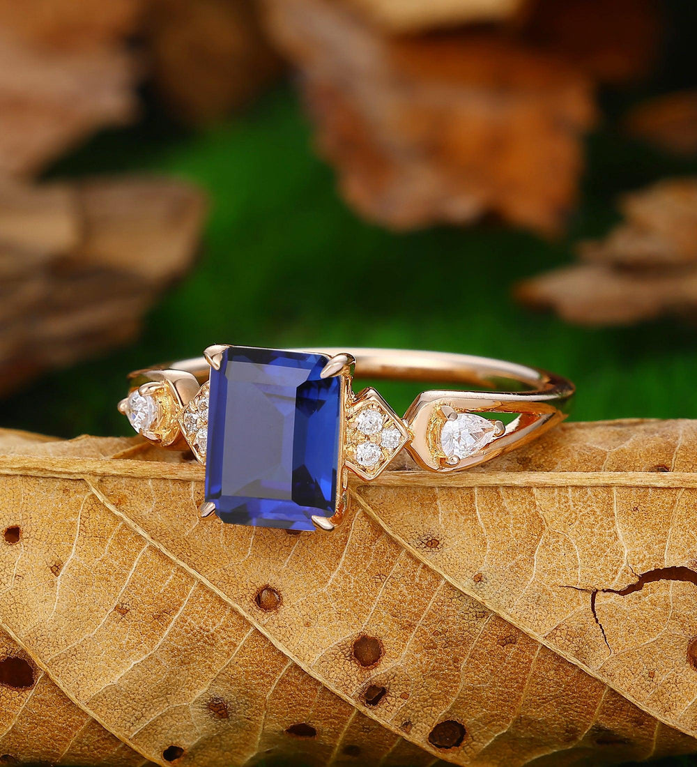 vintage emerald cut blue sapphire engagement ring 14k rose gold stacking sapphire bridal ring - Esdomera