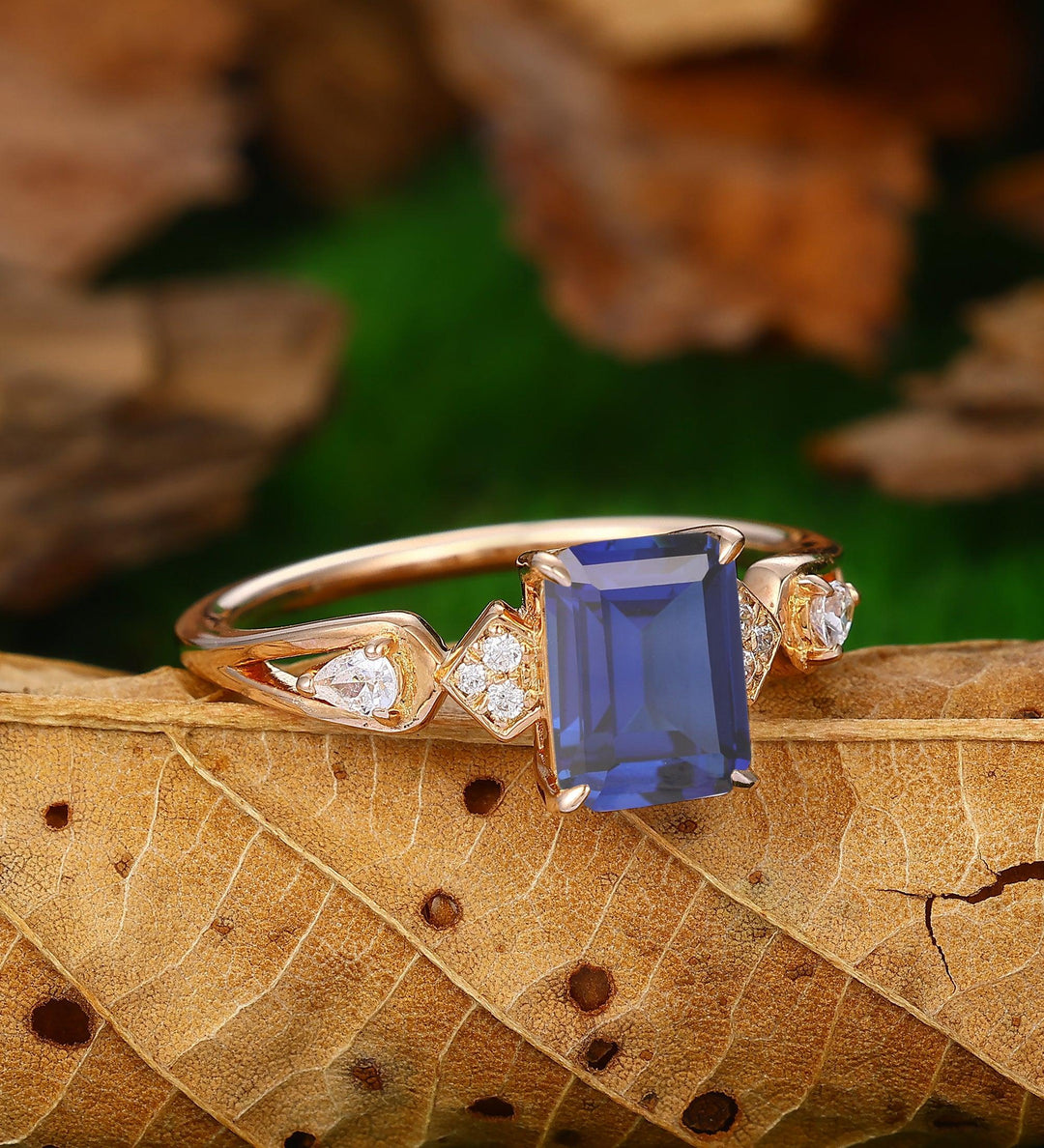 Sapphire Unique Bridal Rings Vintage Emerald Cut Blue Sapphire