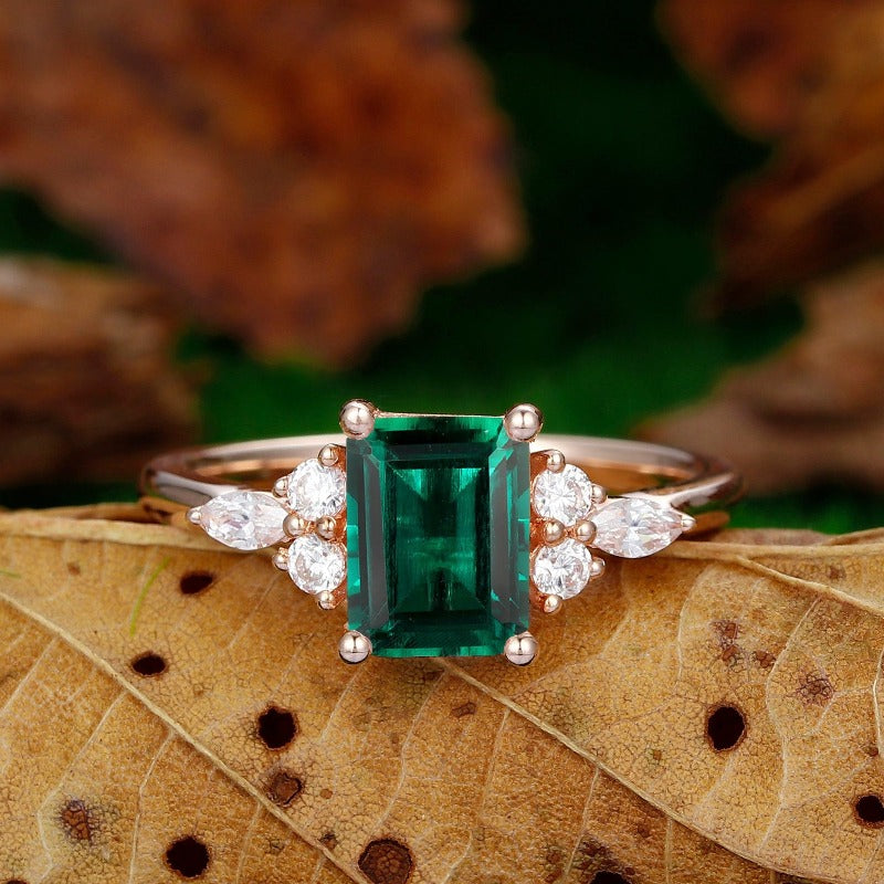 Vintage Emerald Cut Green Emerald 14k Rose Gold Antique Moissanite Bridal Wedding Ring - Esdomera