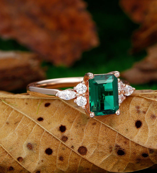 Vintage Emerald Cut Green Emerald 14k Rose Gold Antique Moissanite Bridal Wedding Ring - Esdomera