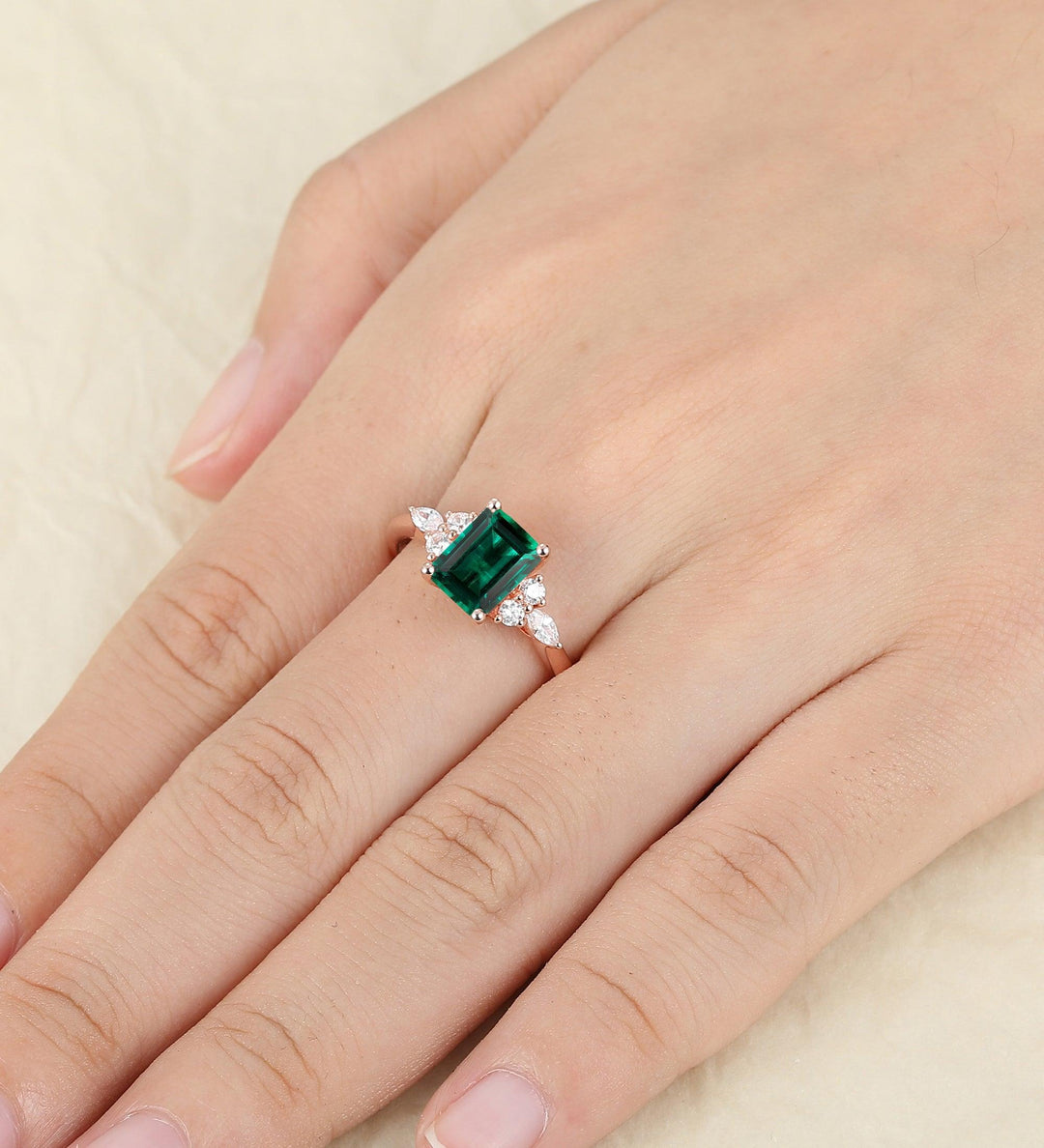 Vintage Emerald Cut Green Emerald 14k Rose Gold Antique Moissanite Bridal Wedding Ring - Esdomera