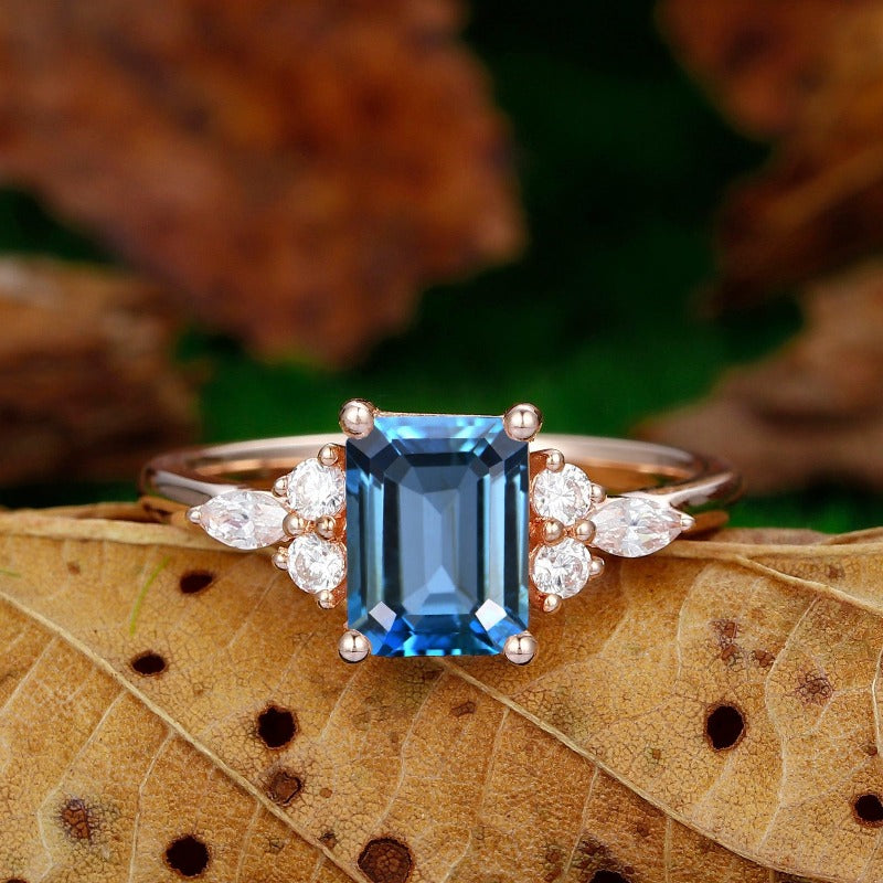 Custom Order - Vintage Emerald Cut Natural London Blue Topaz 14k Yellow  Gold Nature Inspired Enagement Ring