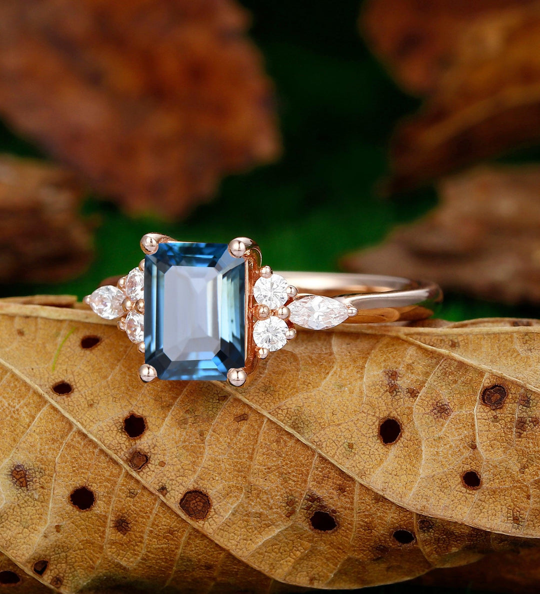 Vintage Emerald Cut Natural London Blue Topaz 14k Rose Gold Nature Inspired Enagement Ring - Esdomera