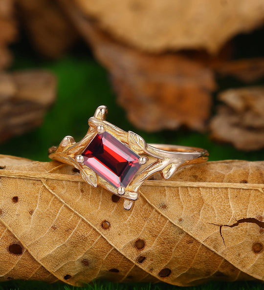 Vintage Emerald Cut Red Garnet Engagement Ring 14k Soild Gold Ring Leaf Vine Bridal Promise Ring - Esdomera