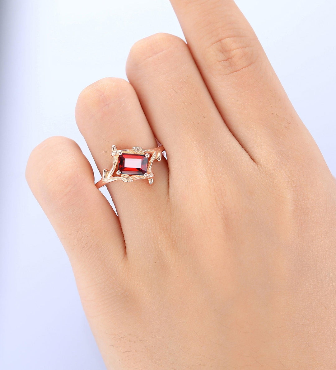 Vintage Emerald Cut Red Garnet Engagement Ring 14k Soild Gold Ring Leaf Vine Bridal Promise Ring - Esdomera