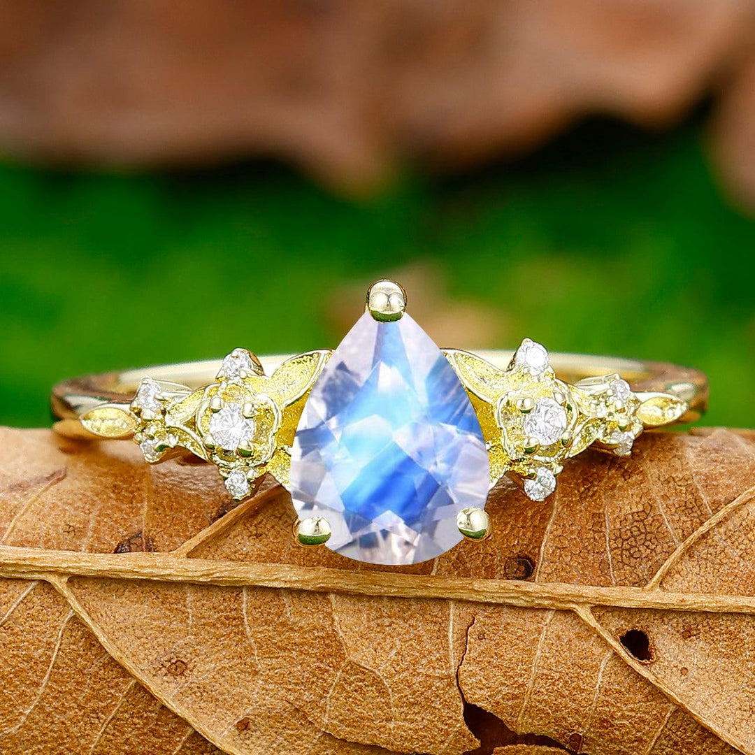 Vintage Floral Pear Cut Moonstone Engagement Ring Women