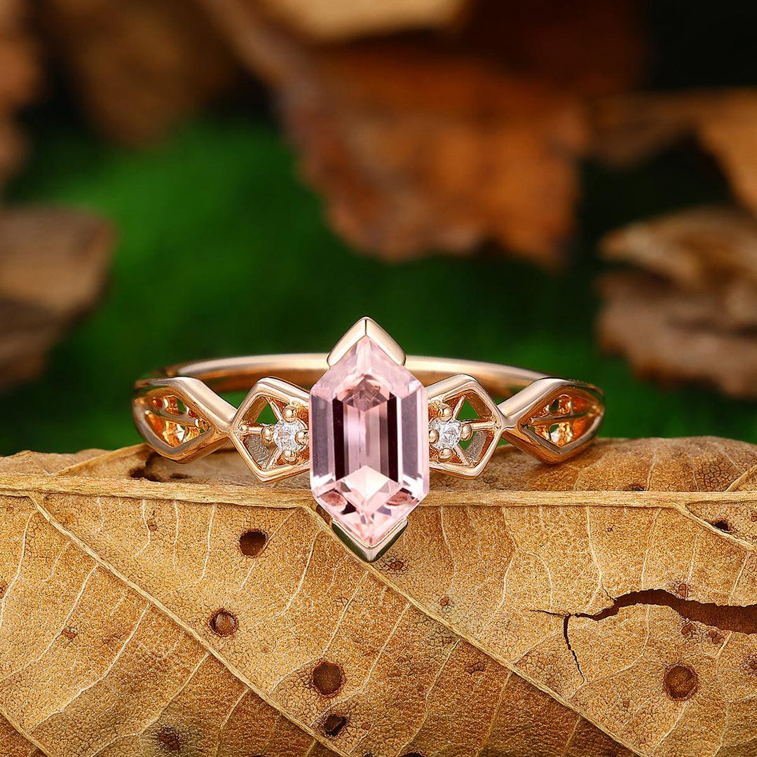Vintage Half Eternity Natural Pink Morganite 14k Solid Gold Promise Ring - Esdomera
